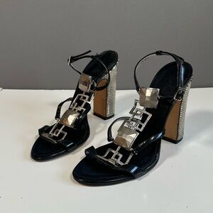 Elegant Black and Silver Block Heel Sandals